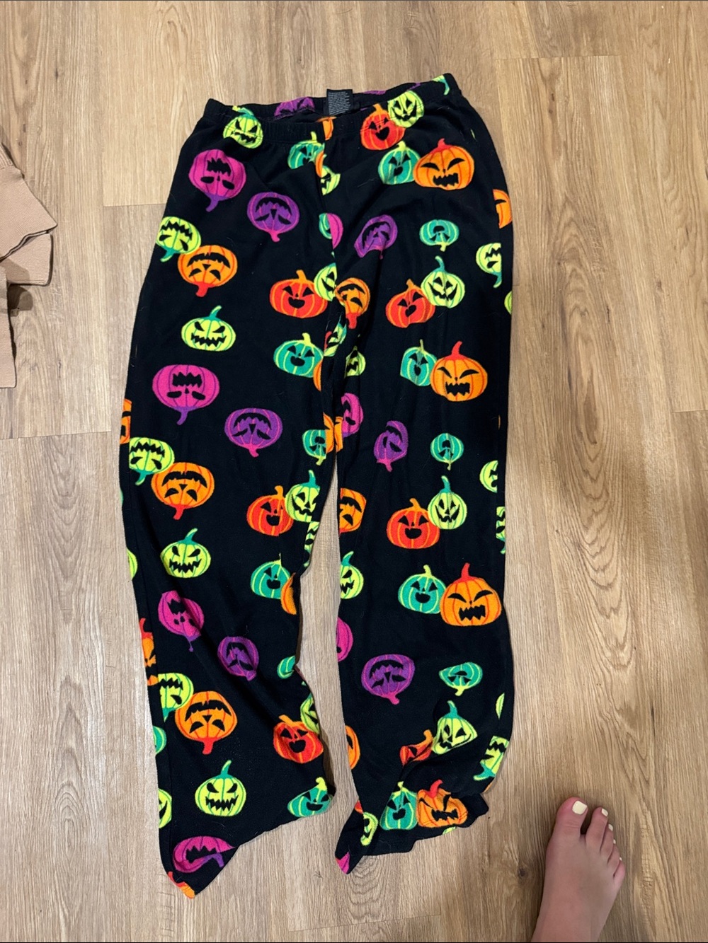 Halloween Pumpkin Fleece Pajama Pants - Black with Neon Pumpkins